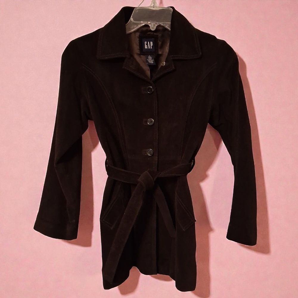 GAP Spring Leather Belted Jacket Dark Brown Mid-Length | Women's Size: Large - Picture 2 of 16